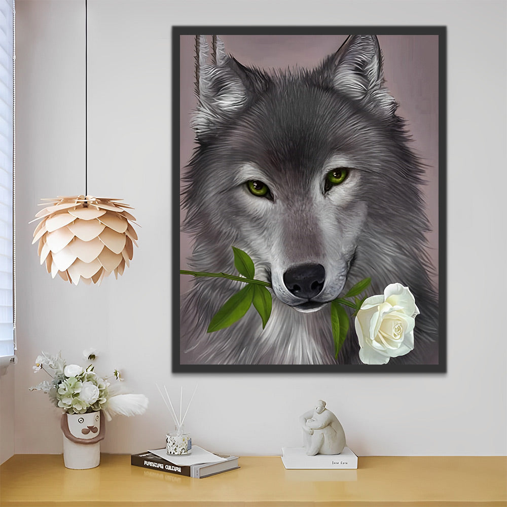 Grauer Wolf mit weißer Rose Malen nach Zahlen