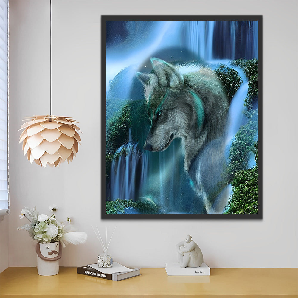 Grauer Wolf und Wasserfall Malen nach Zahlen