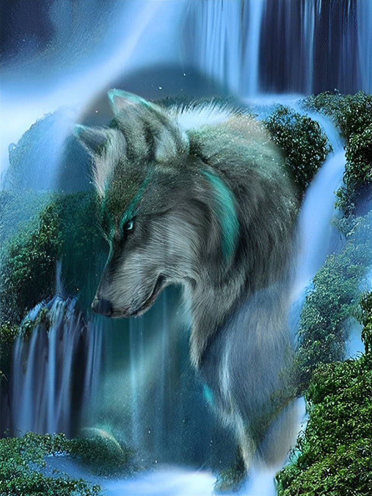 Grauer Wolf und Wasserfall Malen nach Zahlen