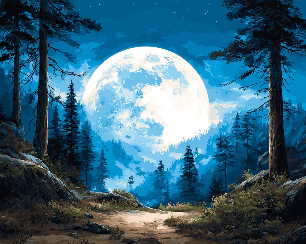 Großer Mond im Wald Malen nach Zahlen
