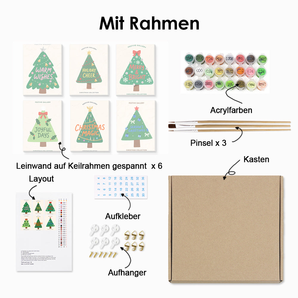Grüne Weihnachtsbäume 6 Stück Mini Malen nach Zahlen