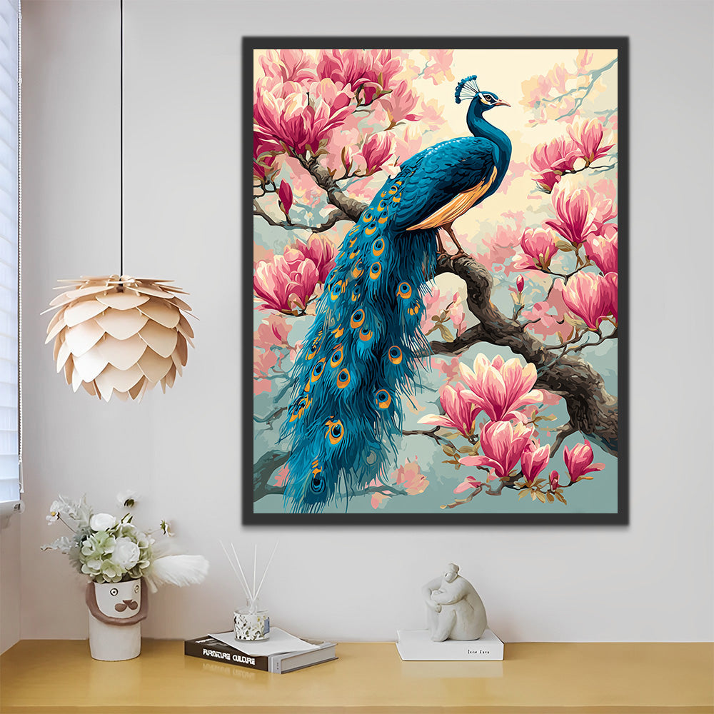 Grüner Pfau auf rosa Magnolienbaum Malen nach Zahlen