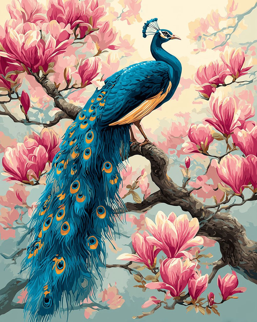 Grüner Pfau auf rosa Magnolienbaum Malen nach Zahlen