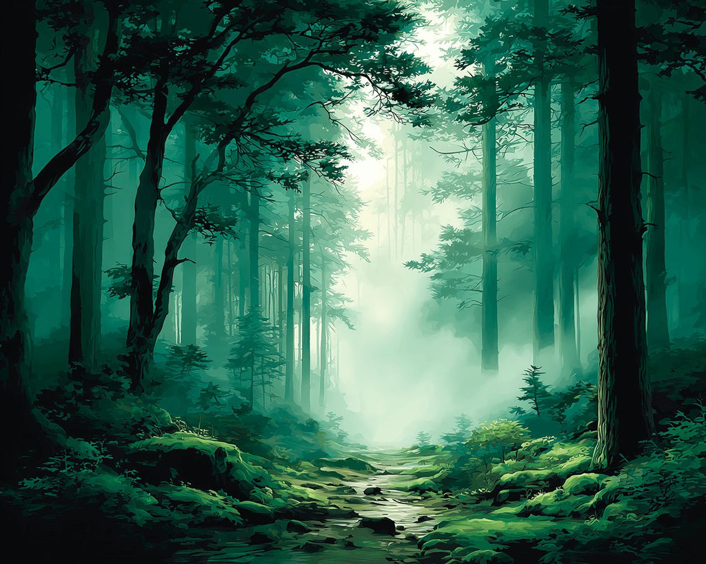 Grüner Wald im Nebel Malen nach Zahlen
