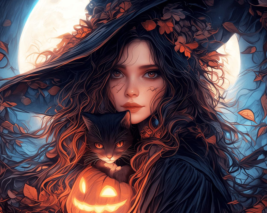 Halloween Frau hält schwarze Katze Malen nach Zahlen
