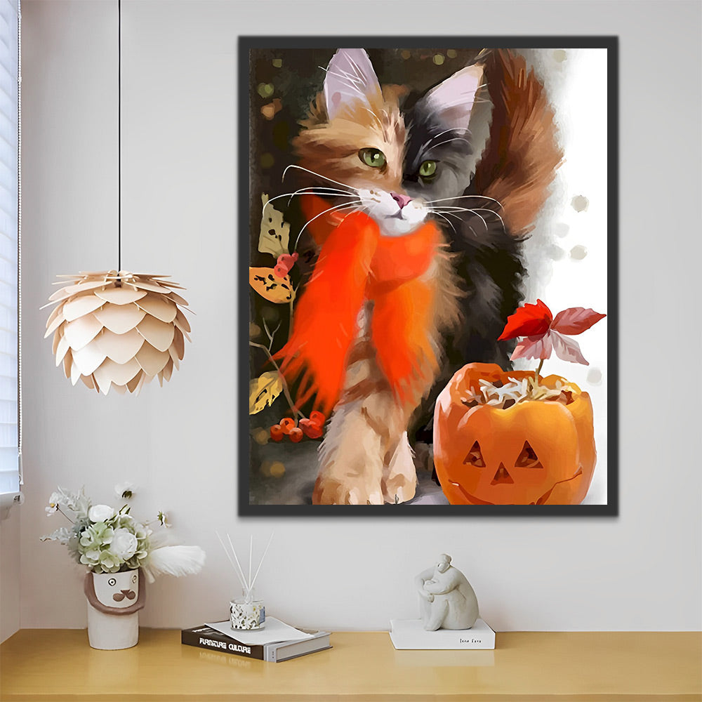 Halloween Katze und Kürbis Malen nach Zahlen