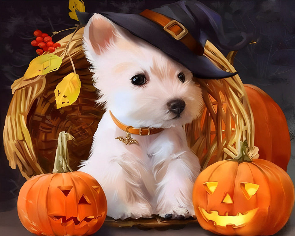 Halloween Kürbislaterne und Hund Malen nach Zahlen