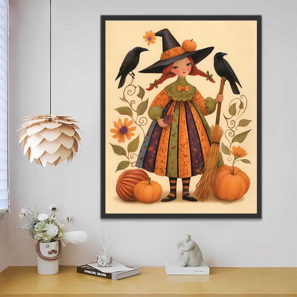 Halloween Mädchen als Hexe verkleidet Malen nach Zahlen