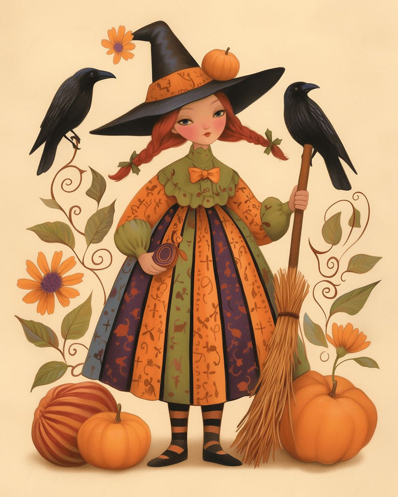 Halloween Mädchen als Hexe verkleidet Malen nach Zahlen