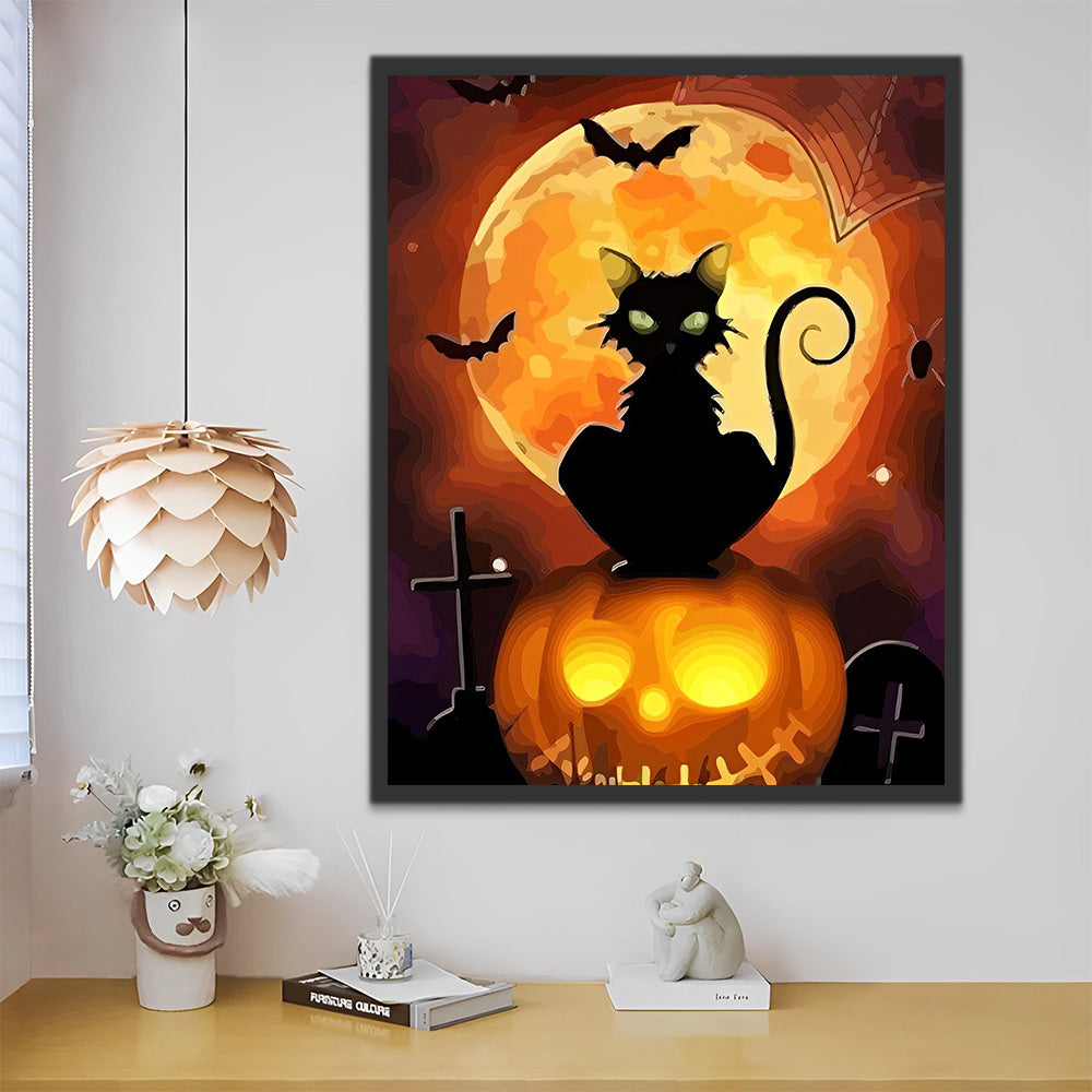 Halloween Schwarze Katze auf dem Kürbis Malen nach Zahlen