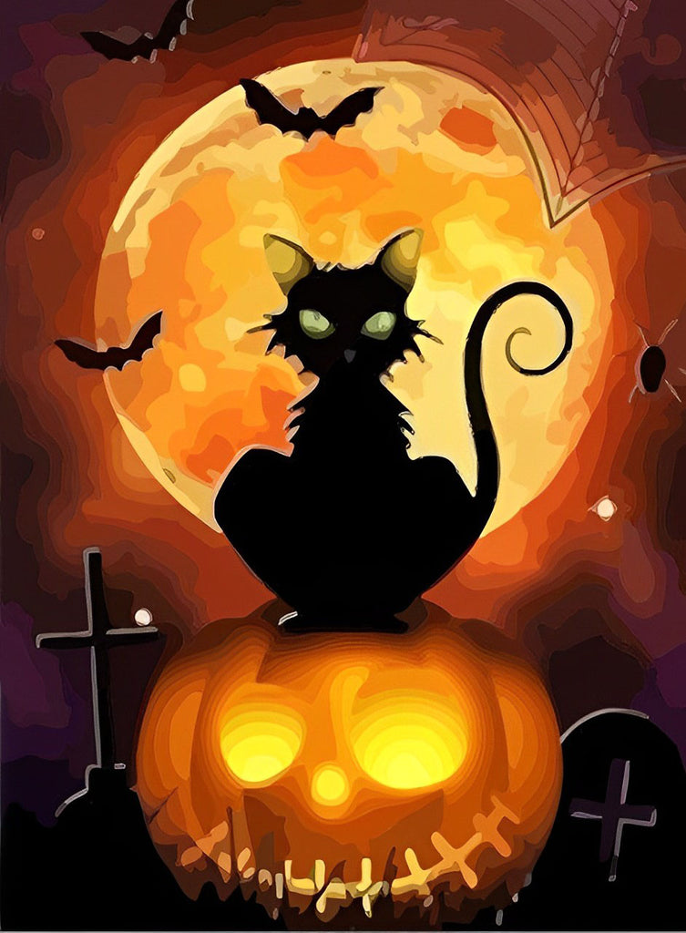 Halloween Schwarze Katze auf dem Kürbis Malen nach Zahlen