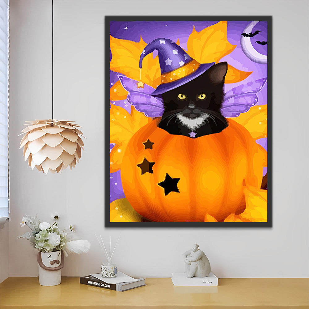 Halloween Schwarze Katze im Kürbis Malen nach Zahlen