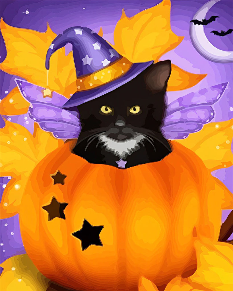 Halloween Schwarze Katze im Kürbis Malen nach Zahlen