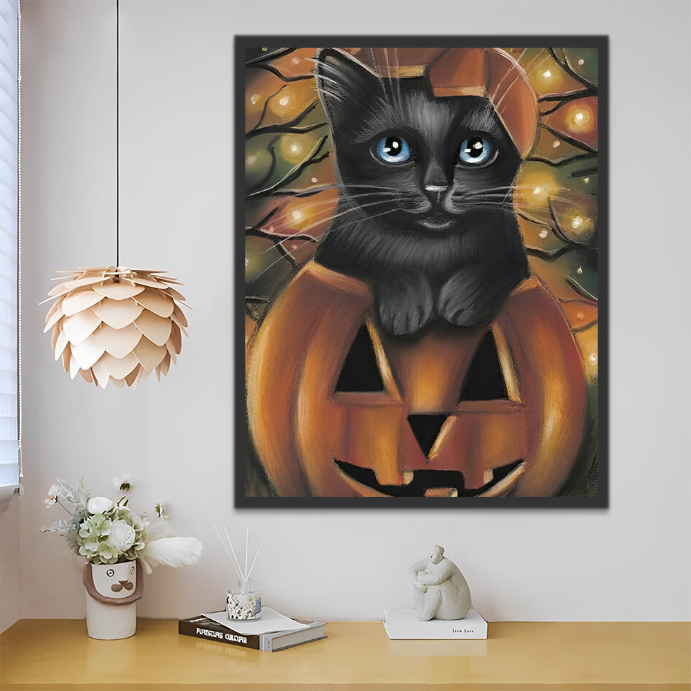 Halloween Schwarze Katze im Kürbis Malen nach Zahlen