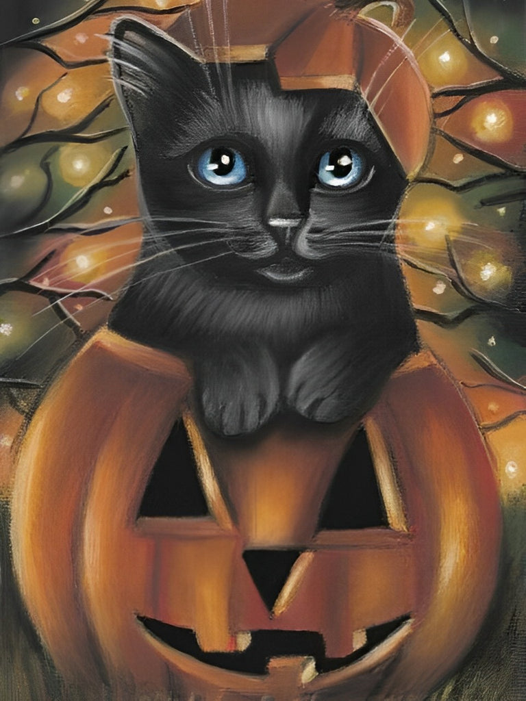 Halloween Schwarze Katze im Kürbis Malen nach Zahlen