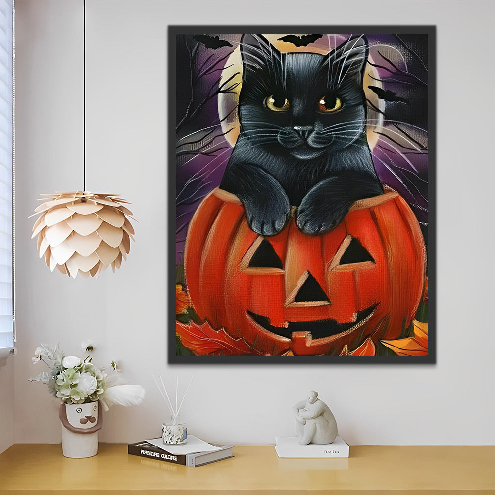 Halloween Schwarze Katze im Kürbis Malen nach Zahlen