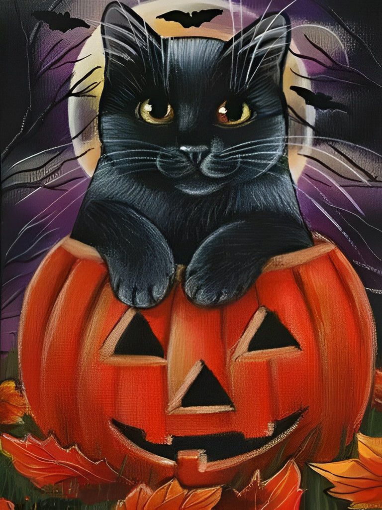 Halloween Schwarze Katze im Kürbis Malen nach Zahlen