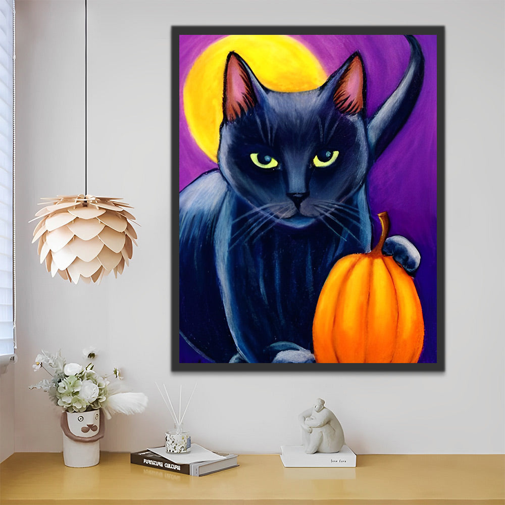 Halloween Schwarze Katze mit Kürbis Malen nach Zahlen