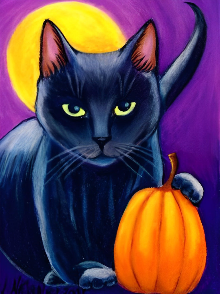 Halloween Schwarze Katze mit Kürbis Malen nach Zahlen