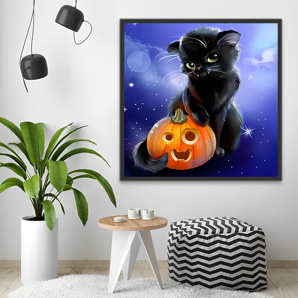 Halloween Schwarze Katze und Kürbis Malen nach Zahlen