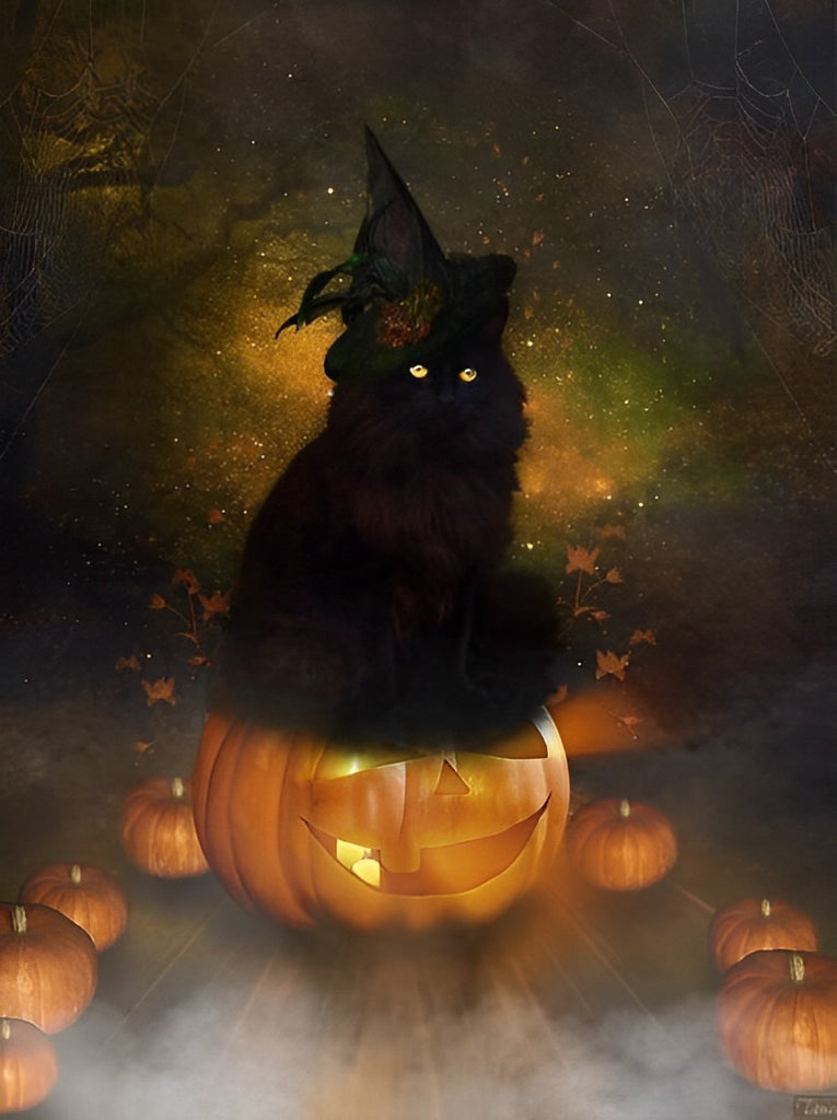 Halloween Schwarze Katze und Kürbis Malen nach Zahlen