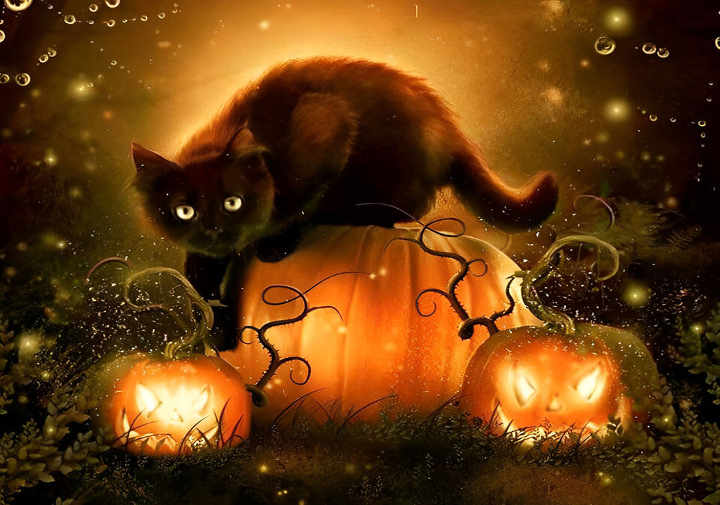 Halloween Schwarze Katze und Kürbislaternen Malen nach Zahlen