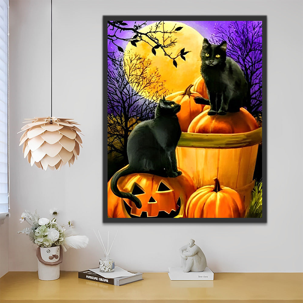 Halloween Schwarze Katzen Kürbislaternen und Vollmond Malen nach Zahlen