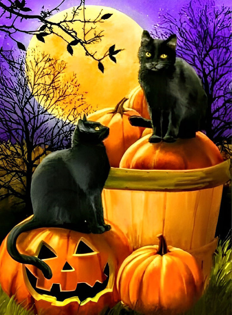 Halloween Schwarze Katzen Kürbislaternen und Vollmond Malen nach Zahlen