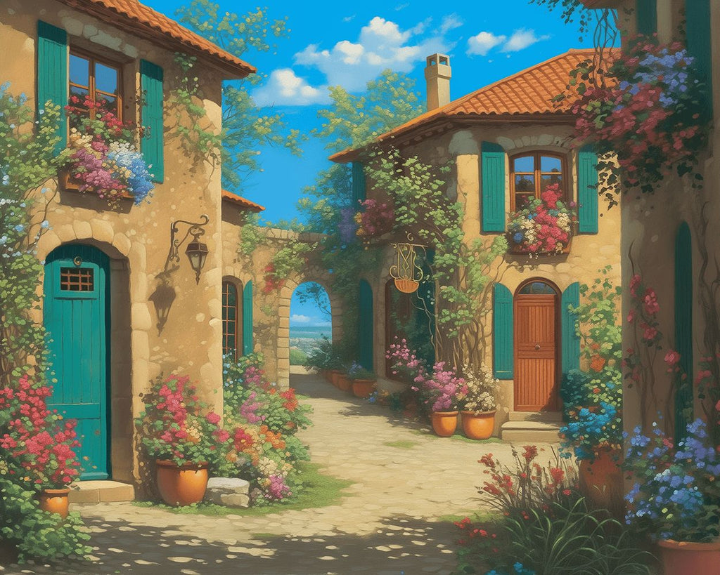 Haus am Meer voller Blumen Malen nach Zahlen