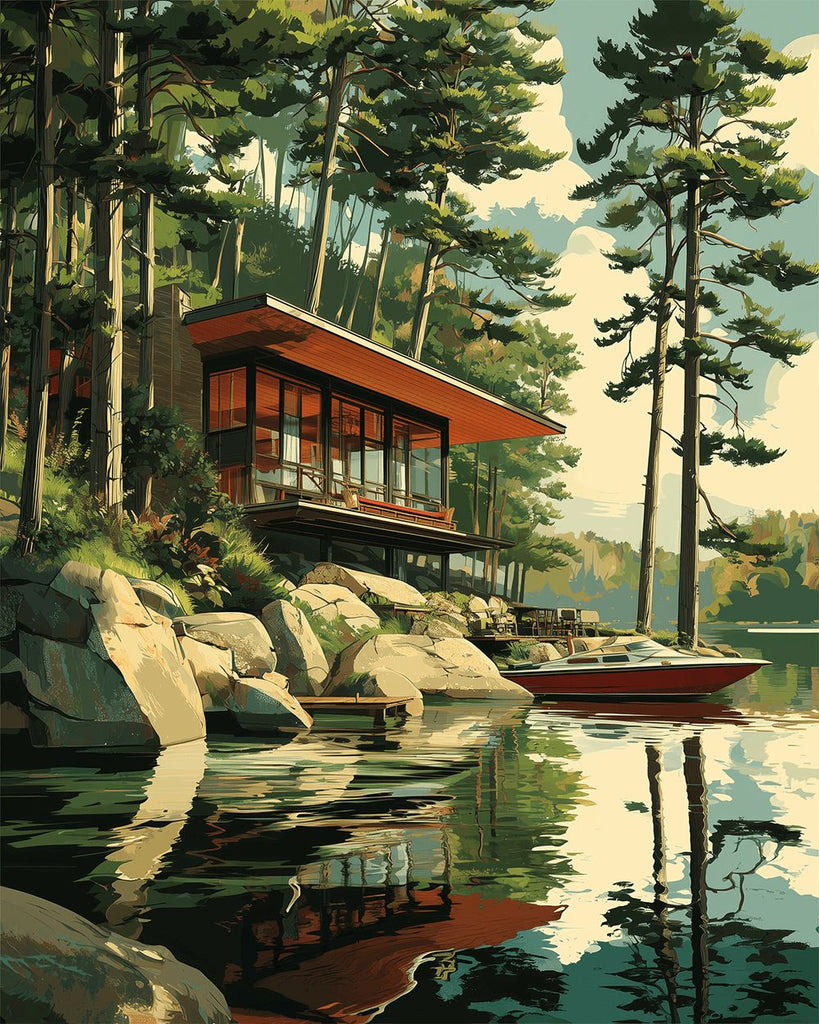 Haus am See und Jacht Malen nach Zahlen