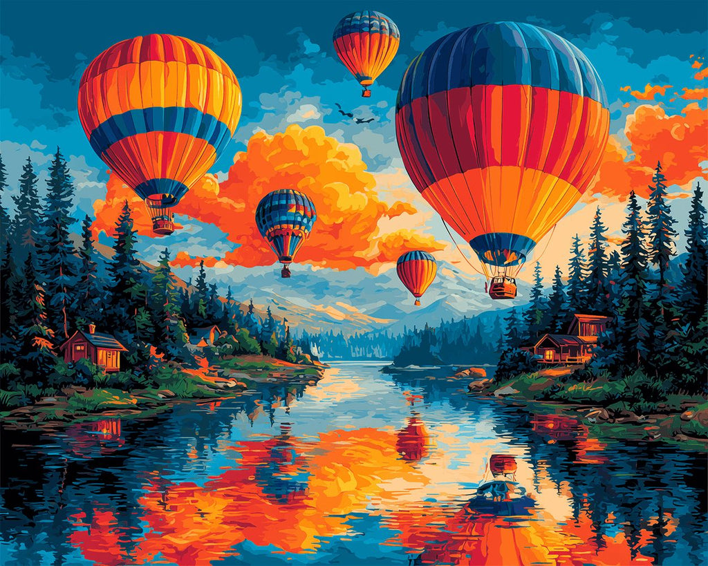 Heißluftballon über dem Waldfluss Malen nach Zahlen