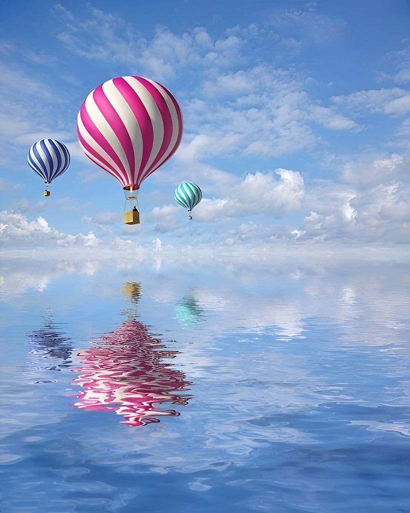 Heißluftballons über dem Meer Malen nach Zahlen