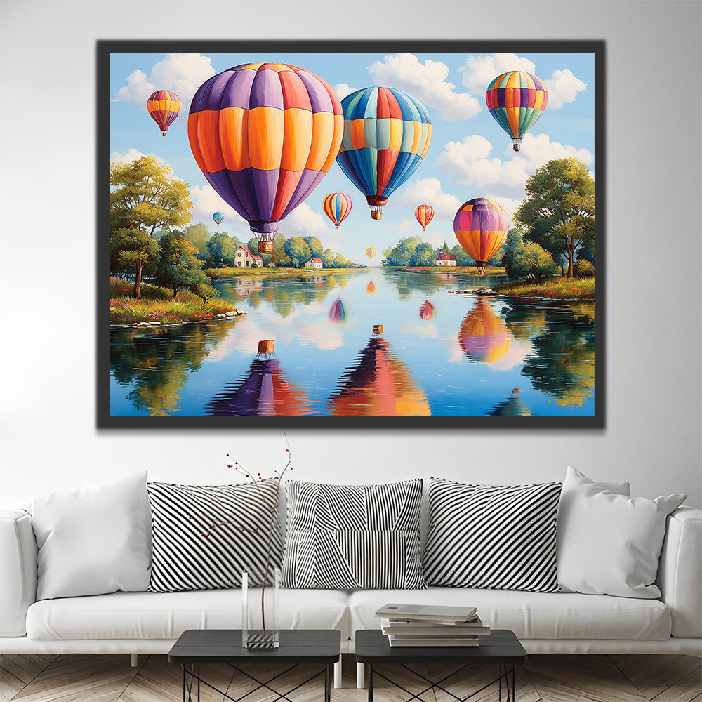 Heißluftballons über dem See Malen nach Zahlen