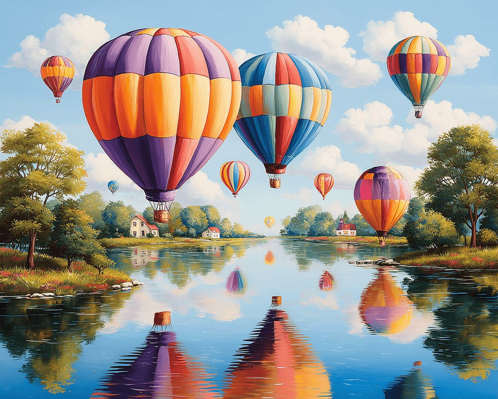 Heißluftballons über dem See Malen nach Zahlen