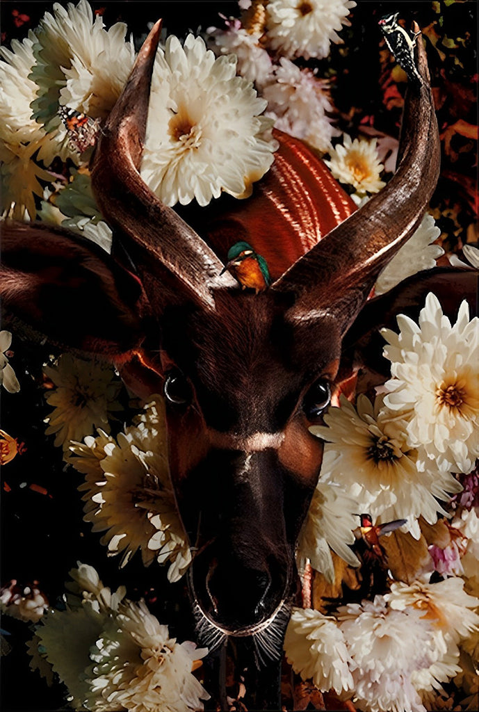 Hirsch in weißen Chrysanthemen Malen nach Zahlen