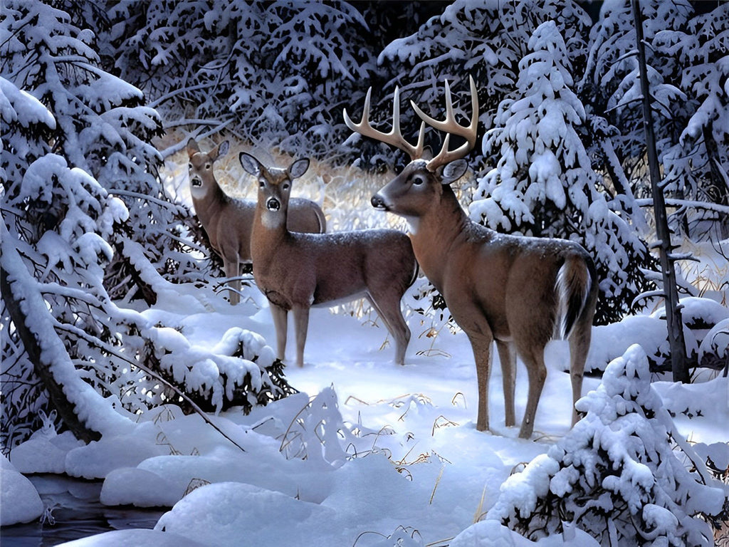 Hirsche im Schneewald Malen nach Zahlen