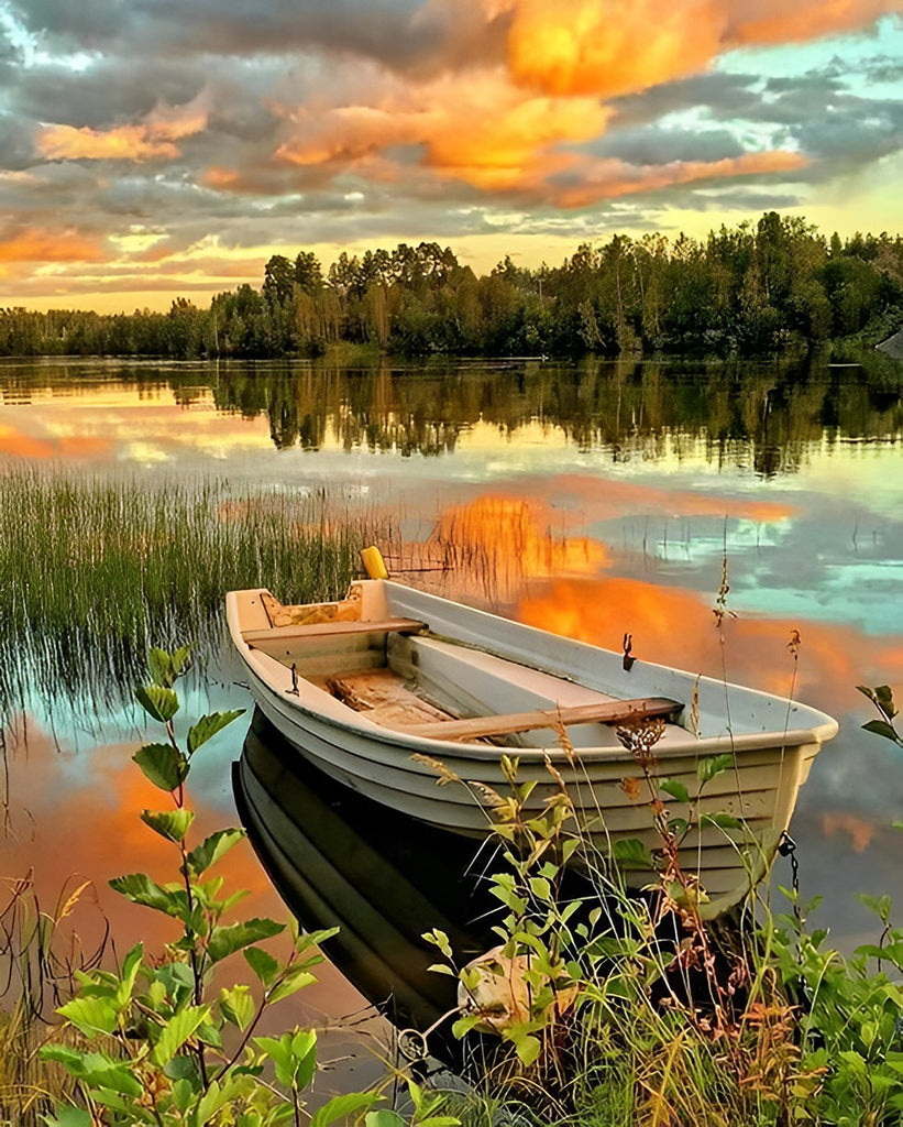 Holzboot auf dem See Malen nach Zahlen