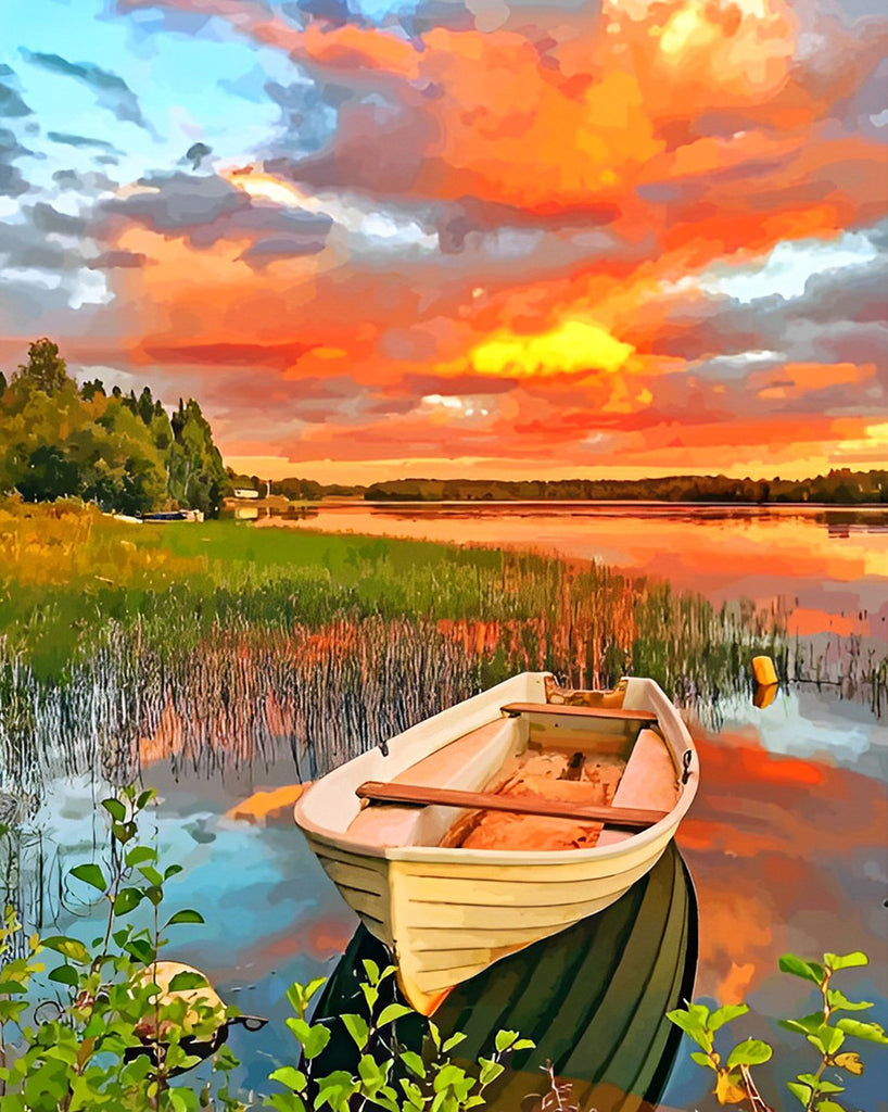 Holzboot auf dem See und orange Wolken Malen nach Zahlen