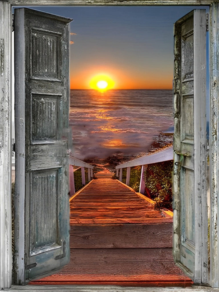 Holzbrücke, Sonnenuntergang und Meer Malen nach Zahlen