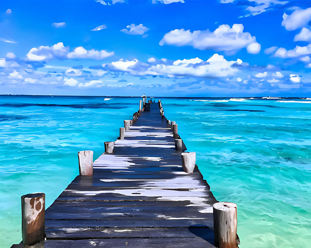 Holzbrücke und blaues Meer Malen nach Zahlen