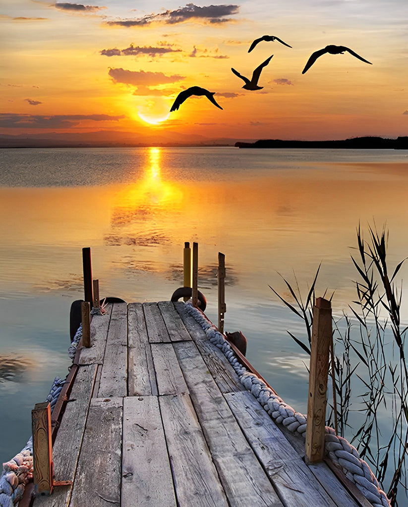 Holzbrücke und Vögel im Sonnenuntergang Malen nach Zahlen