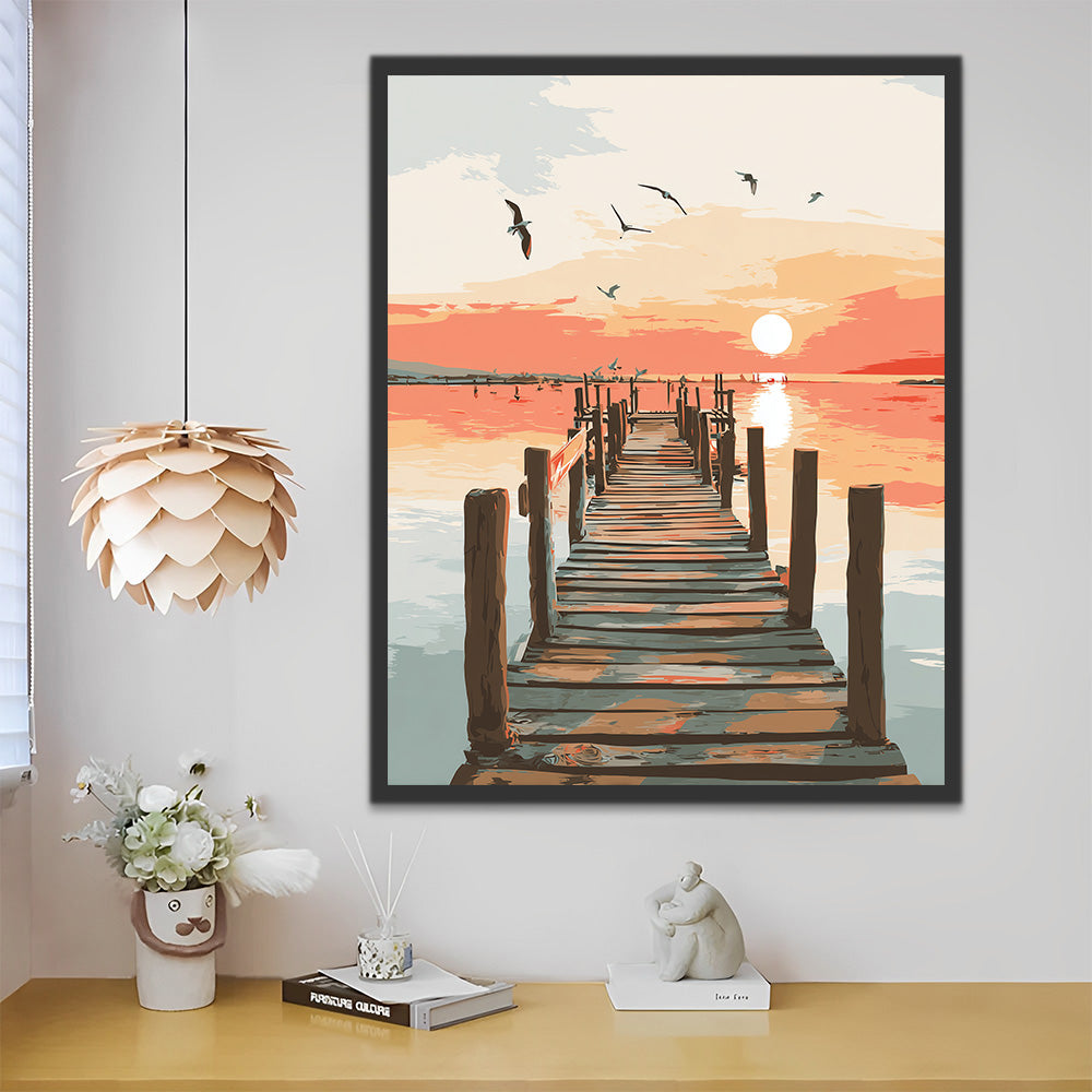 Holzsteg am Meer bei Sonnenaufgang Malen nach Zahlen