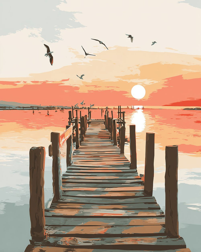 Holzsteg am Meer bei Sonnenaufgang Malen nach Zahlen