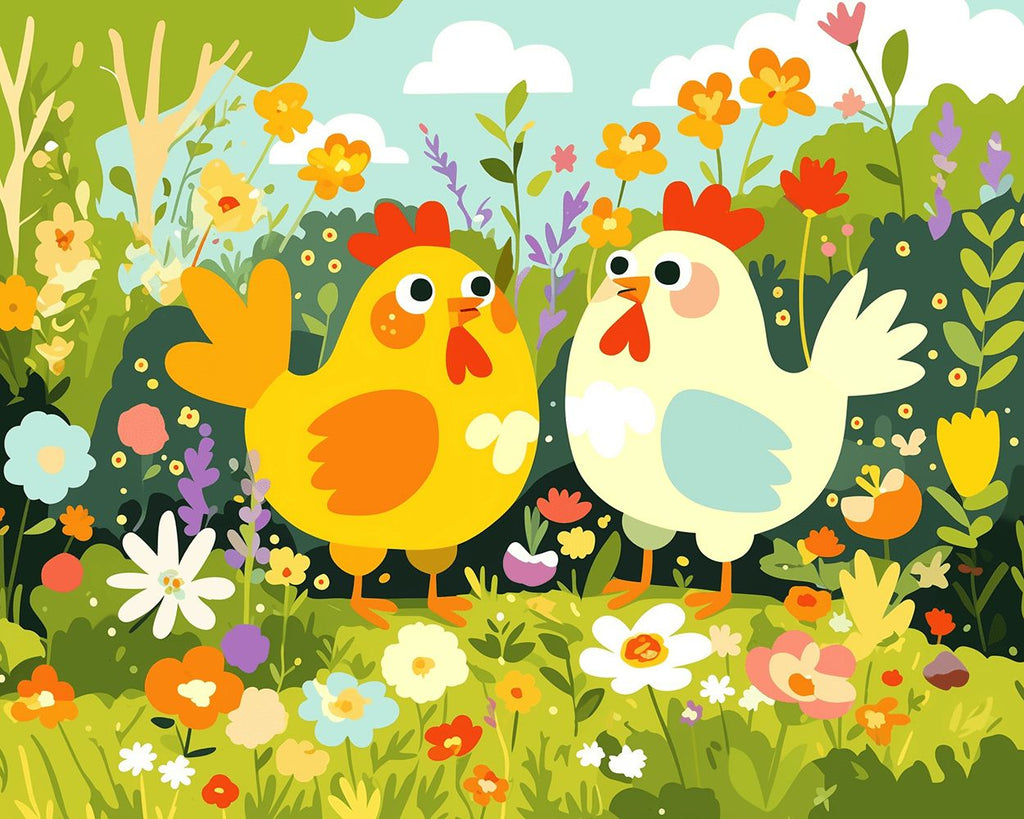 Hühner in einem Wildblumenfeld im Frühling Malen nach Zahlen