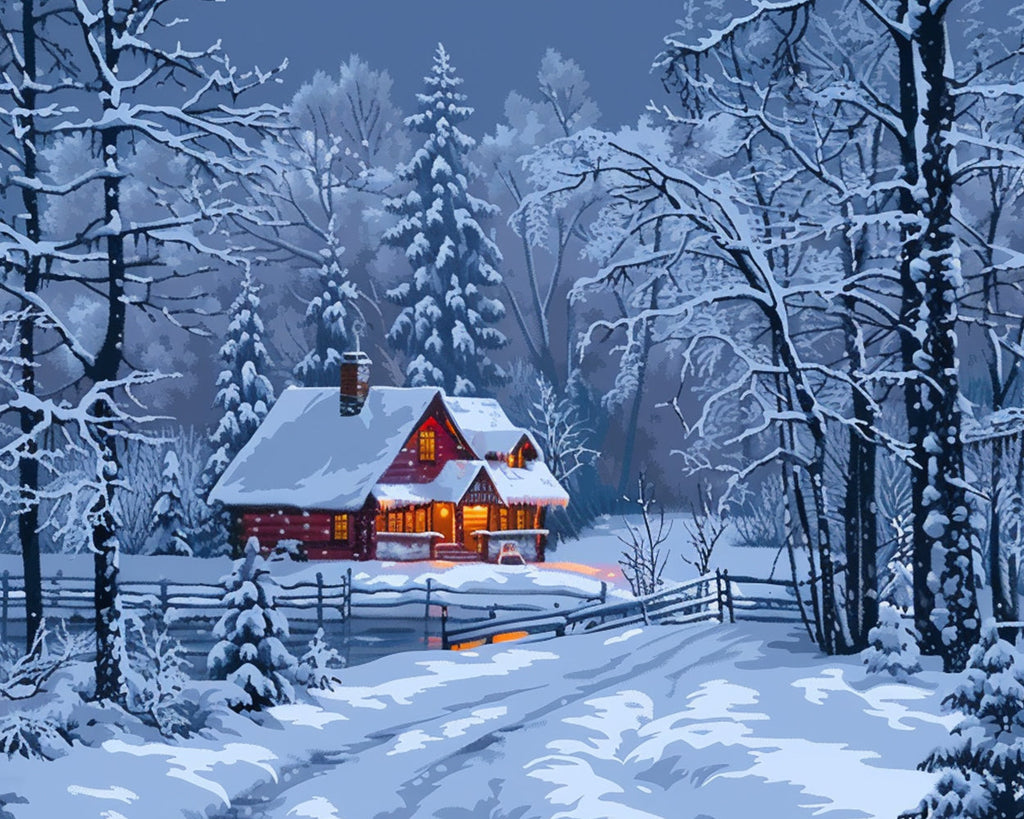 Hütte und Wald im Schnee Malen nach Zahlen