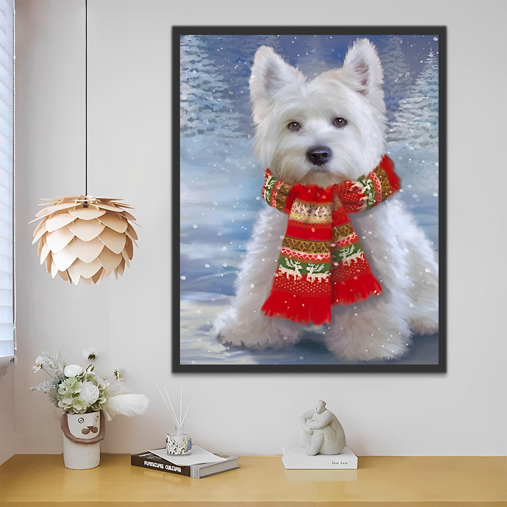 Hund mit weihnachtlichem Schal im Schnee Malen nach Zahlen