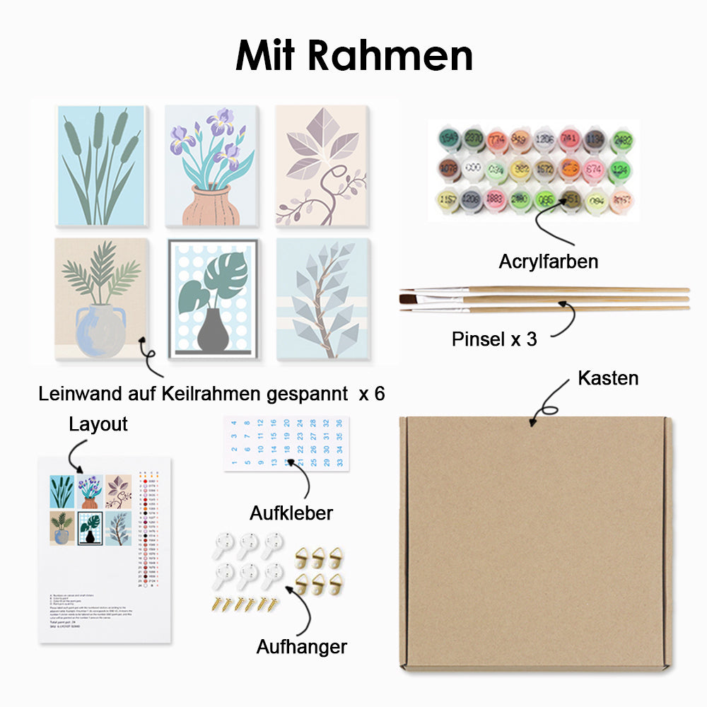 Iris und Monstera-Blätter in Vasen 6 Stück Mini Malen nach Zahlen