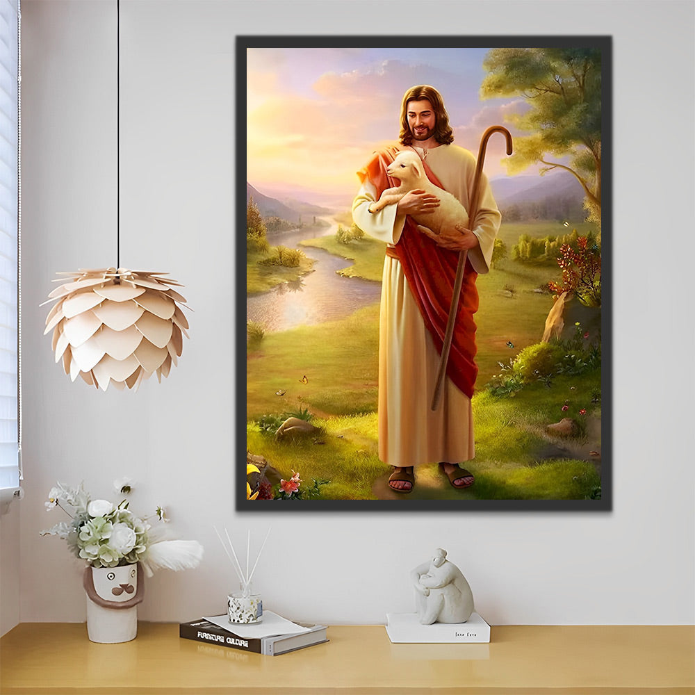 Jesus mit Lamm auf dem Feld Malen nach Zahlen