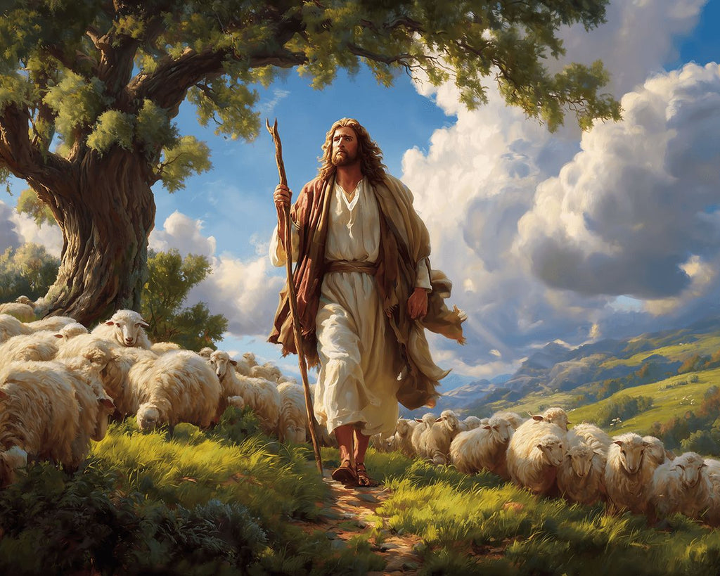 Jesus zwischen den Schafen Malen nach Zahlen