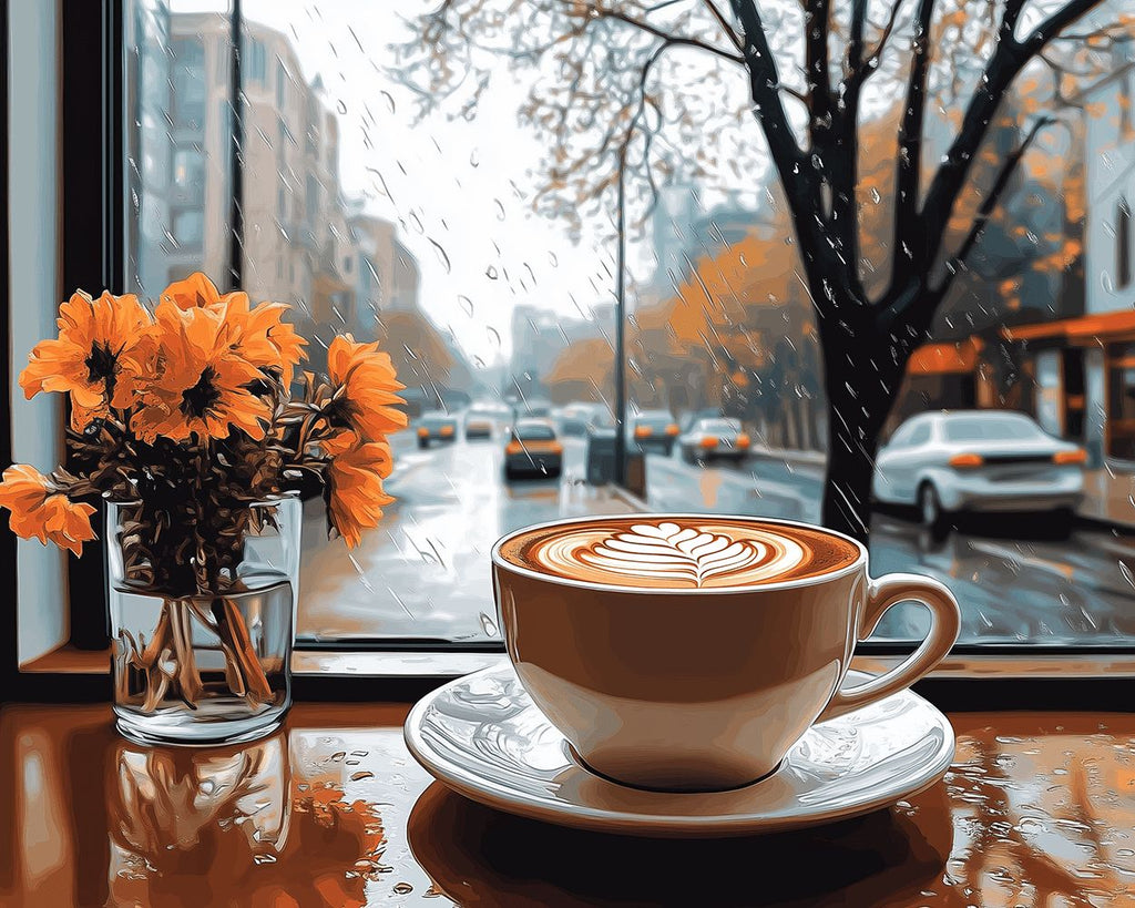 Kaffee und Orangenblüten an einem Regentag Malen nach Zahlen